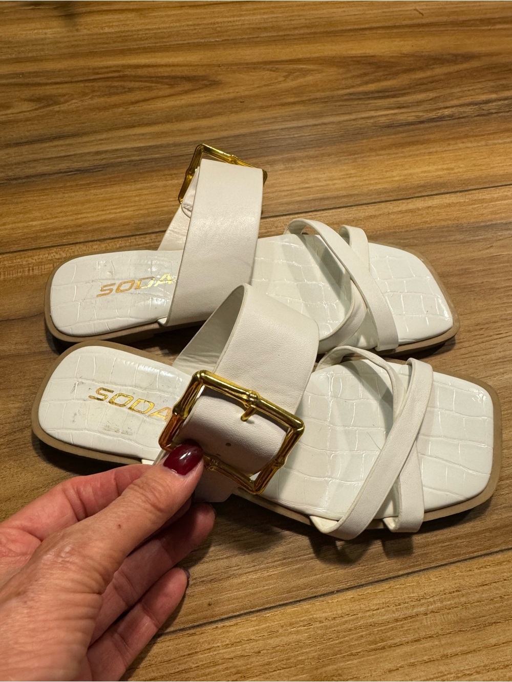 Soda White Slide Sandals with Gold Buckle Detail